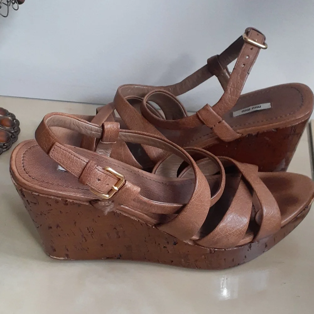 Miu Miu Leather Platform Sandals Shoes Heels Wedge Tan 41